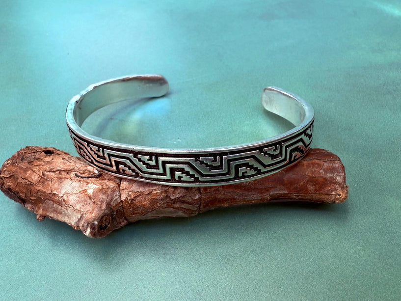 Silver Bracelet Tribal Symbols Native Markings / Bangle / Cuff / Unisex / Boho / Ethnic / Rustic / Bohemian / Costume Fashion Jewelery /