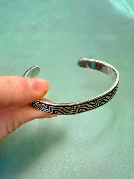 Silver Bracelet Tribal Symbols Native Markings / Bangle / Cuff / Unisex / Boho / Ethnic / Rustic / Bohemian / Costume Fashion Jewelery /