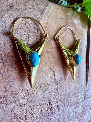 Turquoise & Brass Earrings / Triangle / Geometric / Tribal / Mandala / Ethnic / Rustic / Yoga / Boho / Bohemian / Festival Fashion / Gifts