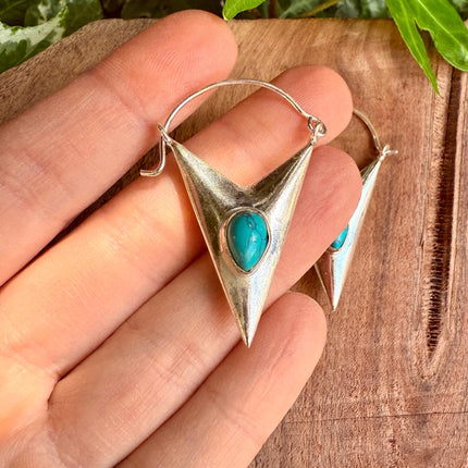 Turquoise & Silver Earrings / Triangle / Geometric / Tribal / Mandala / Ethnic / Rustic / Yoga / Boho / Bohemian / Festival Fashion / Gifts
