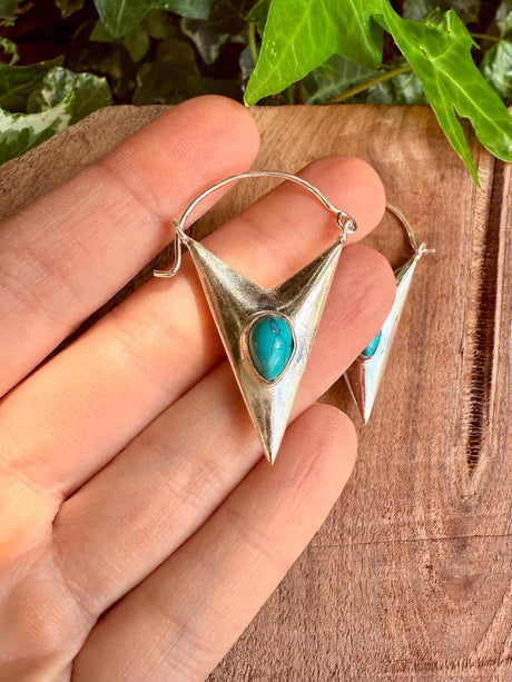 Turquoise & Silver Earrings / Triangle / Geometric / Tribal / Mandala / Ethnic / Rustic / Yoga / Boho / Bohemian / Festival Fashion / Gifts