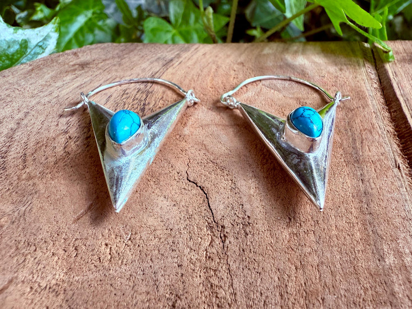 Turquoise & Silver Earrings / Triangle / Geometric / Tribal / Mandala / Ethnic / Rustic / Yoga / Boho / Bohemian / Festival Fashion / Gifts