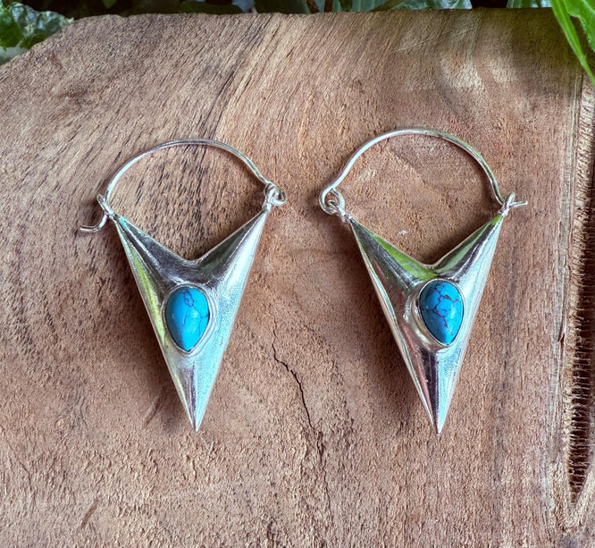 Turquoise & Silver Earrings / Triangle / Geometric / Tribal / Mandala / Ethnic / Rustic / Yoga / Boho / Bohemian / Festival Fashion / Gifts