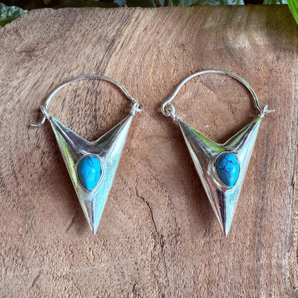 Turquoise & Silver Earrings / Triangle / Geometric / Tribal / Mandala / Ethnic / Rustic / Yoga / Boho / Bohemian / Festival Fashion / Gifts