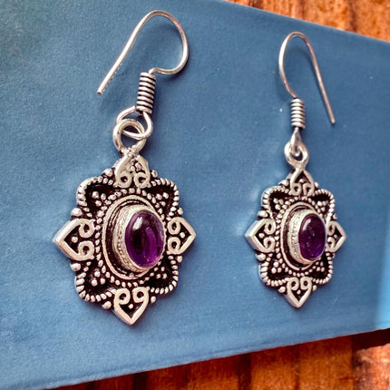 Amethyst Silver Earrings Small Dangle / Ethnic Jewellery / Rustic / Yoga / Hippie / Gypsy / Festival Fashion / Boho Look / Bohemian
