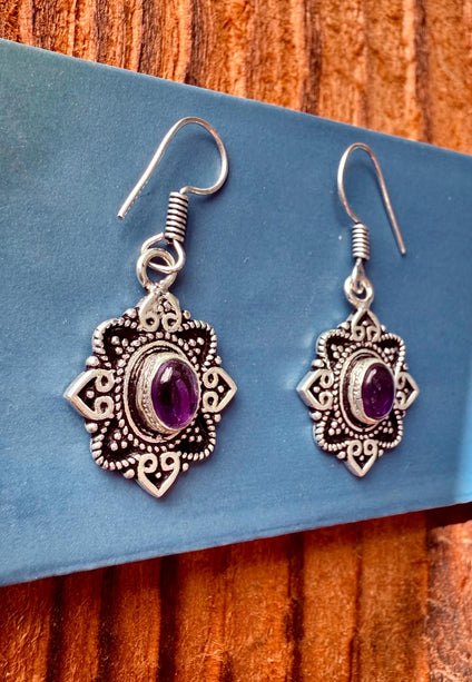 Amethyst Silver Earrings Small Dangle / Ethnic Jewellery / Rustic / Yoga / Hippie / Gypsy / Festival Fashion / Boho Look / Bohemian