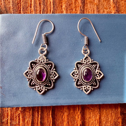 Amethyst Silver Earrings Small Dangle / Ethnic Jewellery / Rustic / Yoga / Hippie / Gypsy / Festival Fashion / Boho Look / Bohemian
