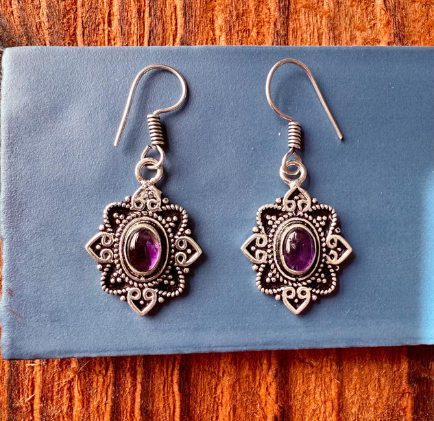 Amethyst Silver Earrings Small Dangle / Ethnic Jewellery / Rustic / Yoga / Hippie / Gypsy / Festival Fashion / Boho Look / Bohemian