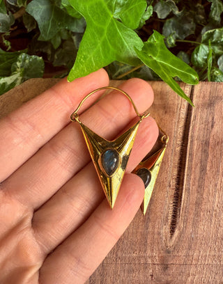 Labradorite & Brass Earrings / Triangle / Geometric / Tribal / Mandala / Ethnic / Rustic / Yoga / Boho / Bohemian / Festival Fashion