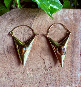 Tiger's Eye & Brass Earrings / Triangle / Geometric / Tribal / Mandala / Ethnic / Rustic / Yoga / Boho / Bohemian / Festival Fashion