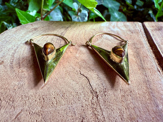 Tiger's Eye & Brass Earrings / Triangle / Geometric / Tribal / Mandala / Ethnic / Rustic / Yoga / Boho / Bohemian / Festival Fashion