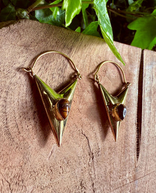 Tiger's Eye & Brass Earrings / Triangle / Geometric / Tribal / Mandala / Ethnic / Rustic / Yoga / Boho / Bohemian / Festival Fashion