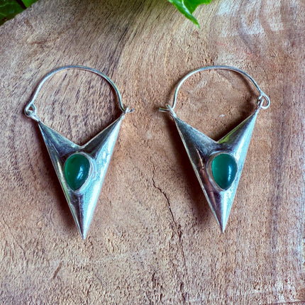 Green Onyx Silver Earrings / Triangle / Geometric / Tribal / Mandala / Ethnic / Rustic / Yoga / Boho / Bohemian / Festival Fashion / Gifts