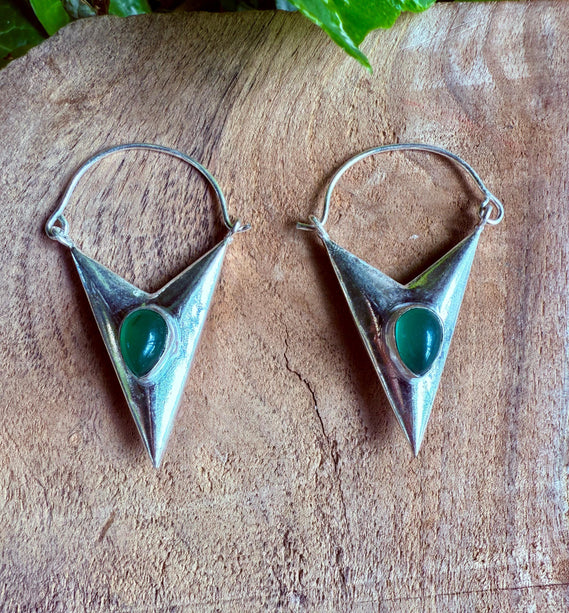 Green Onyx Silver Earrings / Triangle / Geometric / Tribal / Mandala / Ethnic / Rustic / Yoga / Boho / Bohemian / Festival Fashion / Gifts