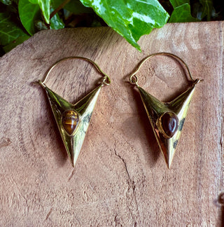 Tiger's Eye & Brass Earrings / Triangle / Geometric / Tribal / Mandala / Ethnic / Rustic / Yoga / Boho / Bohemian / Festival Fashion