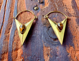 Tiger's Eye & Brass Earrings / Triangle / Geometric / Tribal / Mandala / Ethnic / Rustic / Yoga / Boho / Bohemian / Festival Fashion
