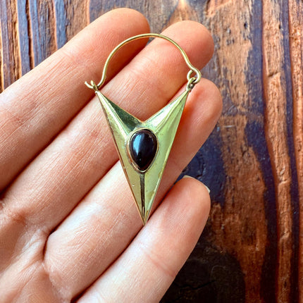 Black Onyx & Brass Earrings / Triangle / Geometric / Tribal / Mandala / Ethnic / Rustic / Yoga / Boho / Bohemian / Festival Fashion