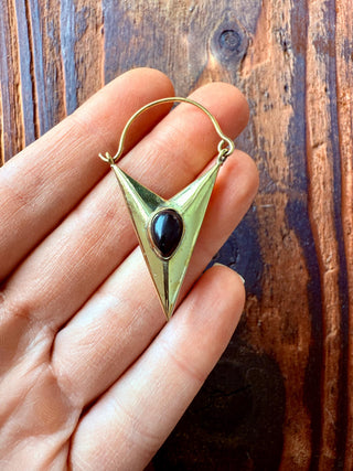 Black Onyx & Brass Earrings / Triangle / Geometric / Tribal / Mandala / Ethnic / Rustic / Yoga / Boho / Bohemian / Festival Fashion