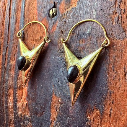 Black Onyx & Brass Earrings / Triangle / Geometric / Tribal / Mandala / Ethnic / Rustic / Yoga / Boho / Bohemian / Festival Fashion