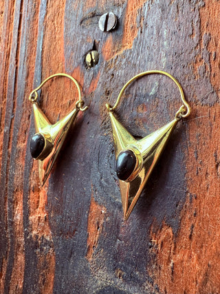 Black Onyx & Brass Earrings / Triangle / Geometric / Tribal / Mandala / Ethnic / Rustic / Yoga / Boho / Bohemian / Festival Fashion