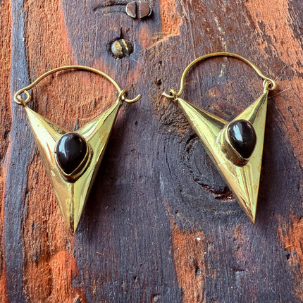 Black Onyx & Brass Earrings / Triangle / Geometric / Tribal / Mandala / Ethnic / Rustic / Yoga / Boho / Bohemian / Festival Fashion