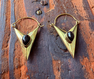 Black Onyx & Brass Earrings / Triangle / Geometric / Tribal / Mandala / Ethnic / Rustic / Yoga / Boho / Bohemian / Festival Fashion