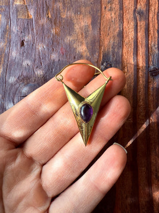 Amethyst & Brass Earrings / Triangle / Geometric / Tribal / Mandala / Ethnic / Rustic / Yoga / Boho / Bohemian / Festival Fashion