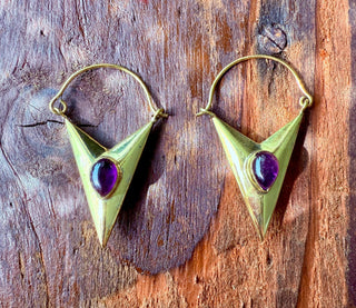 Amethyst & Brass Earrings / Triangle / Geometric / Tribal / Mandala / Ethnic / Rustic / Yoga / Boho / Bohemian / Festival Fashion