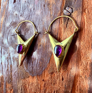 Amethyst & Brass Earrings / Triangle / Geometric / Tribal / Mandala / Ethnic / Rustic / Yoga / Boho / Bohemian / Festival Fashion