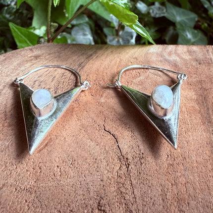 Moonstone Silver Earrings / Triangle / Geometric / Tribal / Mandala / Ethnic / Rustic / Yoga / Boho / Bohemian / Festival Fashion / Gifts