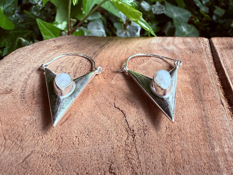 Moonstone Silver Earrings / Triangle / Geometric / Tribal / Mandala / Ethnic / Rustic / Yoga / Boho / Bohemian / Festival Fashion / Gifts