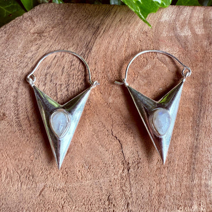 Moonstone Silver Earrings / Triangle / Geometric / Tribal / Mandala / Ethnic / Rustic / Yoga / Boho / Bohemian / Festival Fashion / Gifts