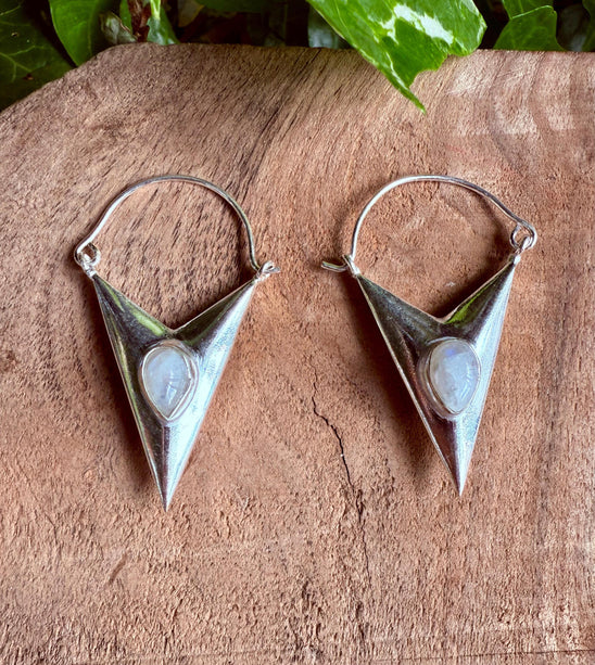 Moonstone Silver Earrings / Triangle / Geometric / Tribal / Mandala / Ethnic / Rustic / Yoga / Boho / Bohemian / Festival Fashion / Gifts