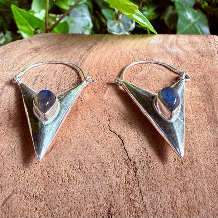 Labradorite Silver Earrings / Triangle / Geometric / Tribal / Mandala / Ethnic / Rustic / Yoga / Boho / Bohemian / Festival Fashion / Gifts
