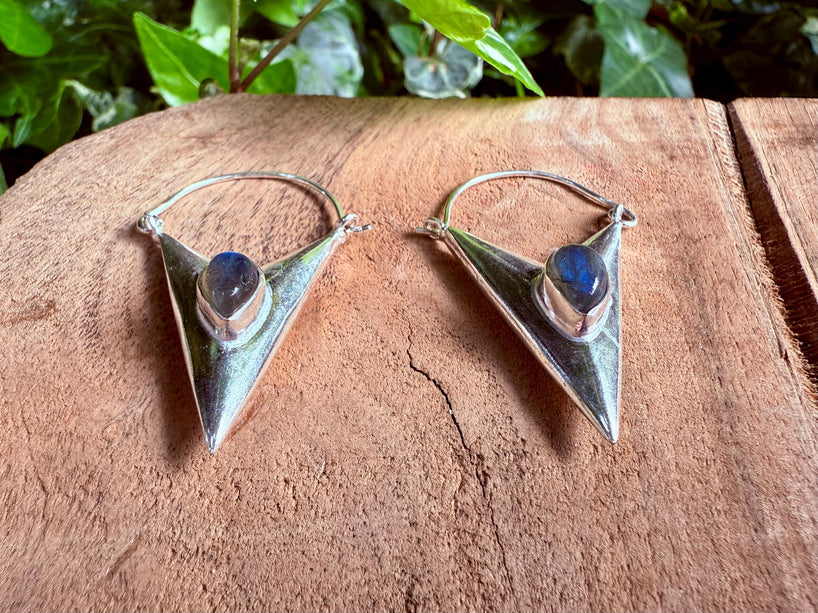 Labradorite Silver Earrings / Triangle / Geometric / Tribal / Mandala / Ethnic / Rustic / Yoga / Boho / Bohemian / Festival Fashion / Gifts