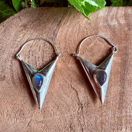 Labradorite Silver Earrings / Triangle / Geometric / Tribal / Mandala / Ethnic / Rustic / Yoga / Boho / Bohemian / Festival Fashion / Gifts