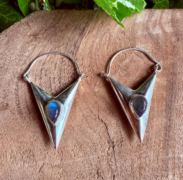 Labradorite Silver Earrings / Triangle / Geometric / Tribal / Mandala / Ethnic / Rustic / Yoga / Boho / Bohemian / Festival Fashion / Gifts