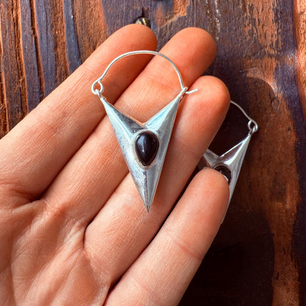 Black Onyx Silver Earrings / Triangle / Geometric / Tribal / Mandala / Ethnic / Rustic / Yoga / Boho / Bohemian / Festival Fashion