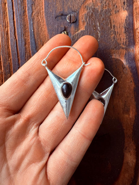 Black Onyx Silver Earrings / Triangle / Geometric / Tribal / Mandala / Ethnic / Rustic / Yoga / Boho / Bohemian / Festival Fashion