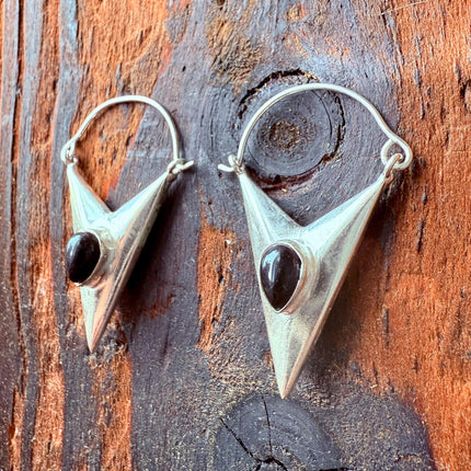 Black Onyx Silver Earrings / Triangle / Geometric / Tribal / Mandala / Ethnic / Rustic / Yoga / Boho / Bohemian / Festival Fashion