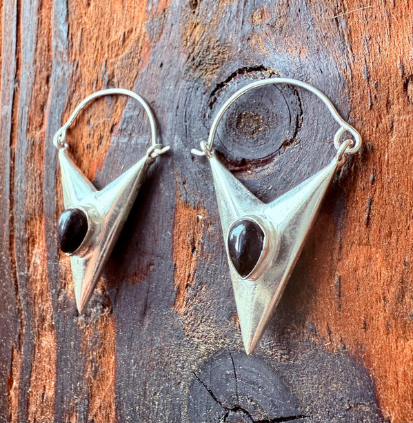 Black Onyx Silver Earrings / Triangle / Geometric / Tribal / Mandala / Ethnic / Rustic / Yoga / Boho / Bohemian / Festival Fashion