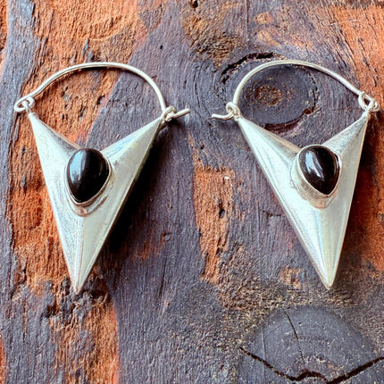 Black Onyx Silver Earrings / Triangle / Geometric / Tribal / Mandala / Ethnic / Rustic / Yoga / Boho / Bohemian / Festival Fashion