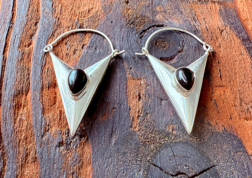 Black Onyx Silver Earrings / Triangle / Geometric / Tribal / Mandala / Ethnic / Rustic / Yoga / Boho / Bohemian / Festival Fashion