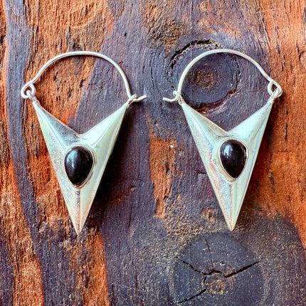 Black Onyx Silver Earrings / Triangle / Geometric / Tribal / Mandala / Ethnic / Rustic / Yoga / Boho / Bohemian / Festival Fashion