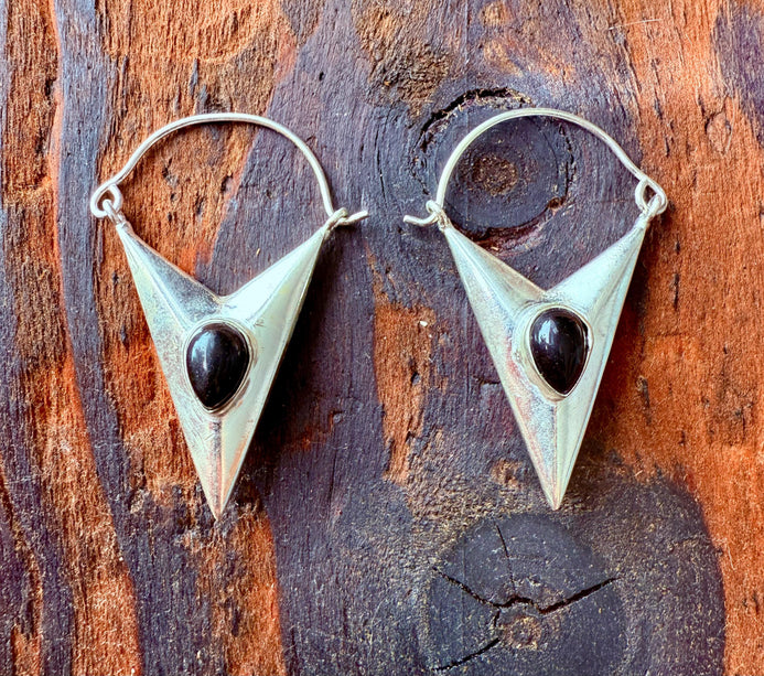 Black Onyx Silver Earrings / Triangle / Geometric / Tribal / Mandala / Ethnic / Rustic / Yoga / Boho / Bohemian / Festival Fashion