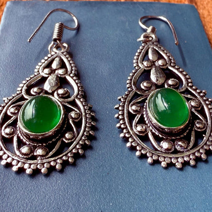 Silver Pendant Earrings Green Onyx / Boho Jewelery / Birth Stone / Ethnic / Rustic / Yoga / Hippie / Bohemian Look / Festival Fashion