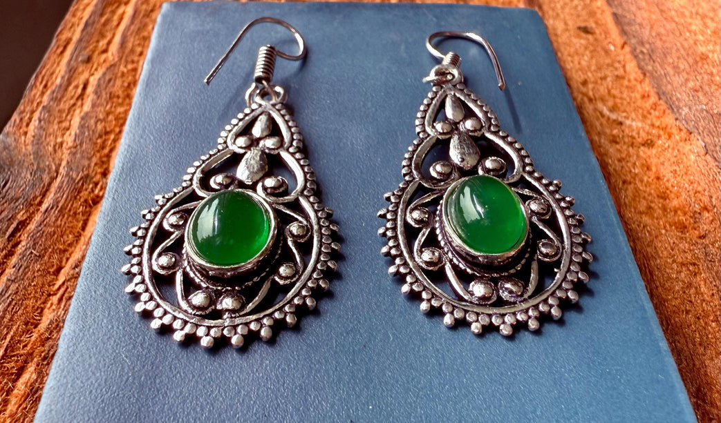 Silver Pendant Earrings Green Onyx / Boho Jewelery / Birth Stone / Ethnic / Rustic / Yoga / Hippie / Bohemian Look / Festival Fashion