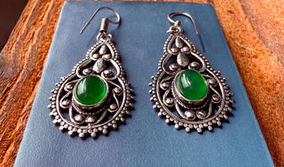 Silver Pendant Earrings Green Onyx / Boho Jewelery / Birth Stone / Ethnic / Rustic / Yoga / Hippie / Bohemian Look / Festival Fashion