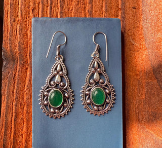 Silver Pendant Earrings Green Onyx / Boho Jewelery / Birth Stone / Ethnic / Rustic / Yoga / Hippie / Bohemian Look / Festival Fashion
