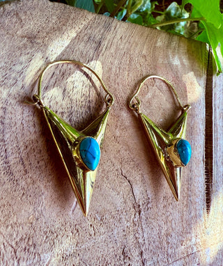 Turquoise & Brass Earrings / Triangle / Geometric / Tribal / Mandala / Ethnic / Rustic / Yoga / Boho / Bohemian / Festival Fashion / Gifts
